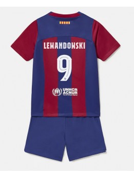 Otroški Nogometna dresi replika Barcelona Robert Lewandowski #9 Domači 2023-24 Kratek rokav (+ hlače)